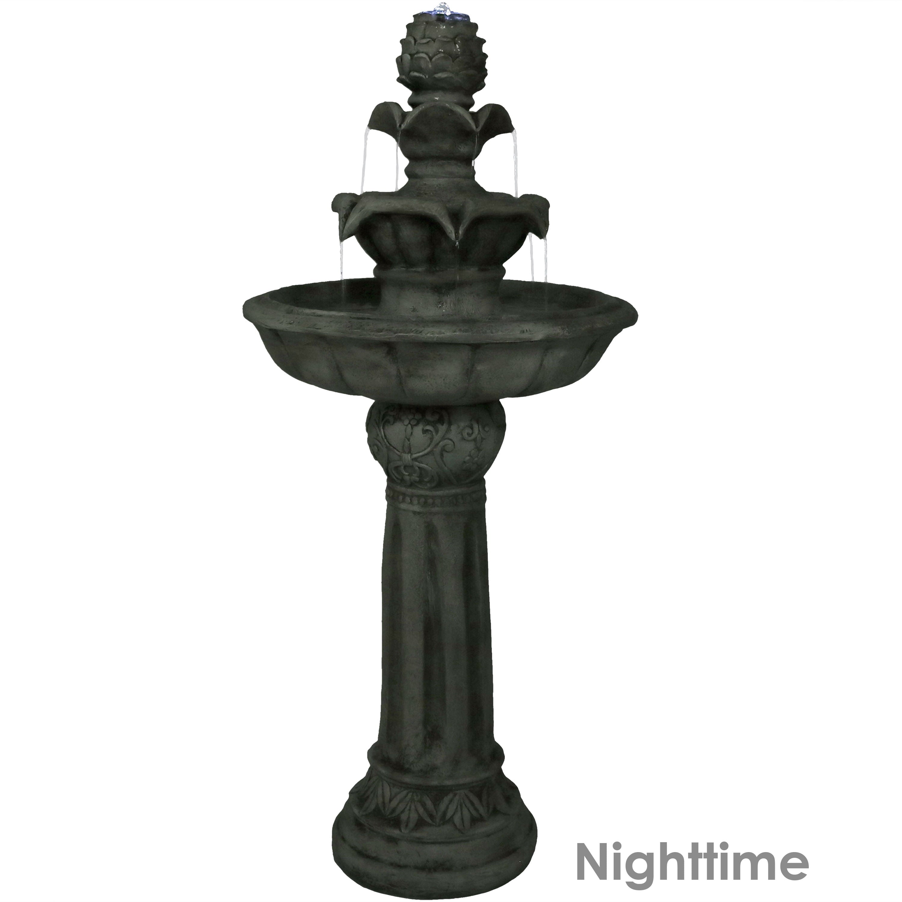 Sunnydaze Outdoor Solar Powered Ornate Elegance Tiered Water Fountain with Battery Backup and LED Light - 41