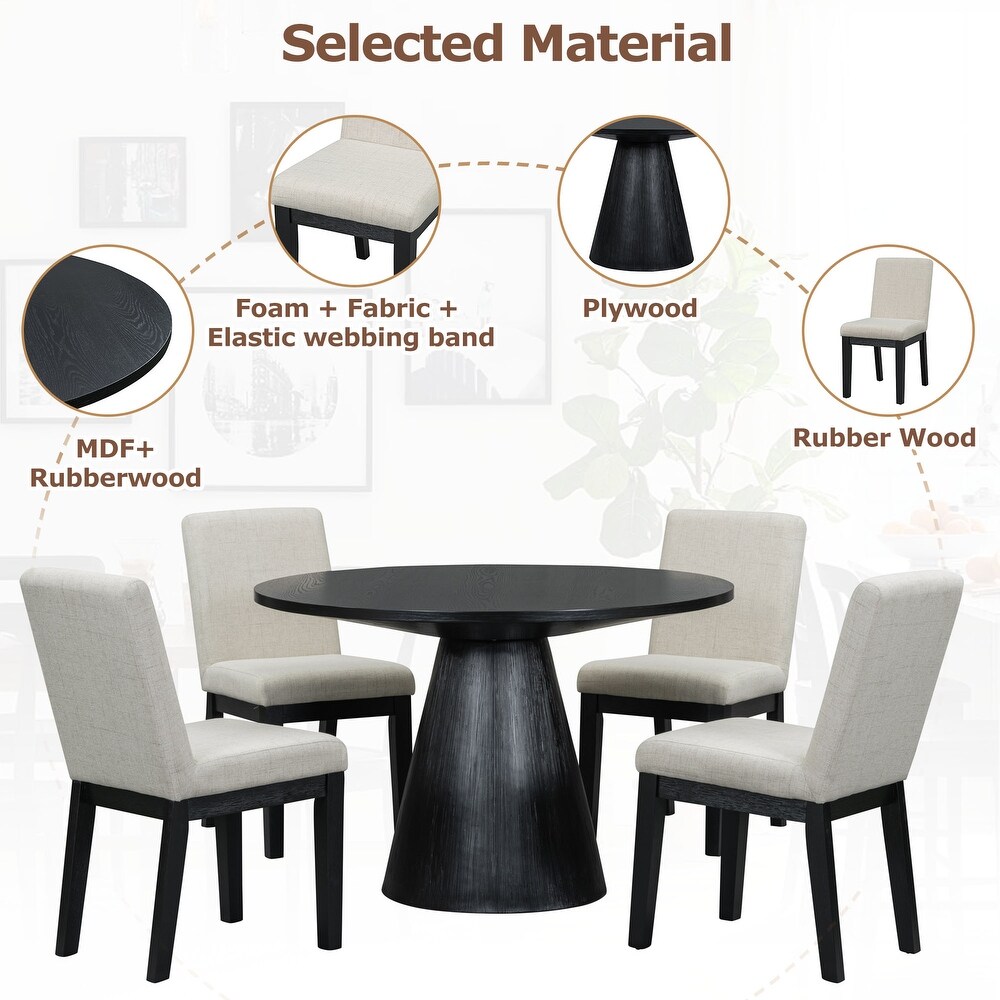 5 piece Kitchen Dining Furniture Set Retro Round Dining Table with 4 Upholstered Chairs  Wooden Dining Table   Chairs Set for 4