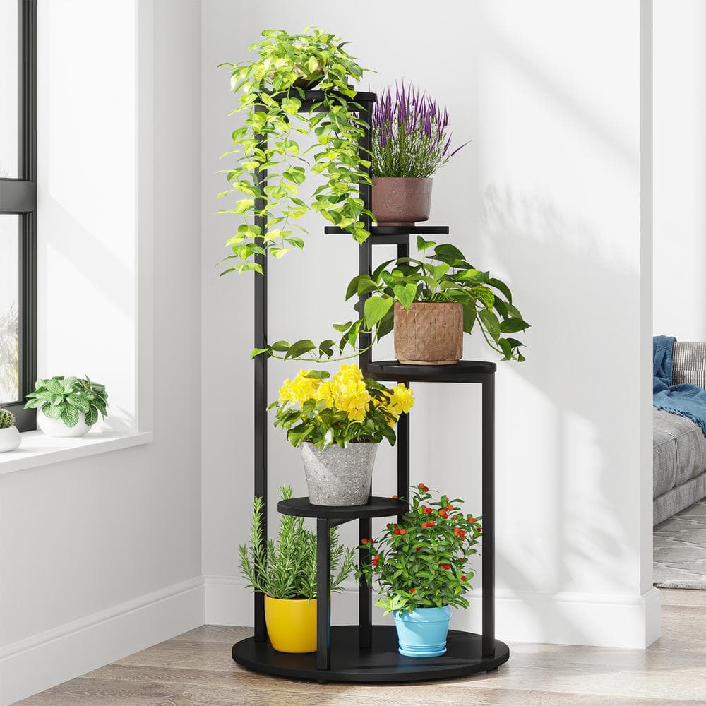 BYBLIGHT Wellston 40.94 in. H Black Round Wood Corner Plant Stand Indoor 5 Tier Potted Ladder Holder Flower Rack BB-U0183-XMX