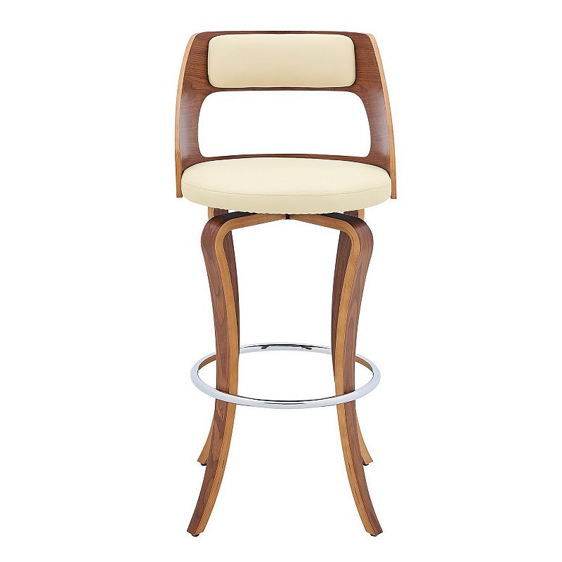 25 Inch Swivel Counter Stool Vegan Faux Leather， Walnut Wood Legs， Cream