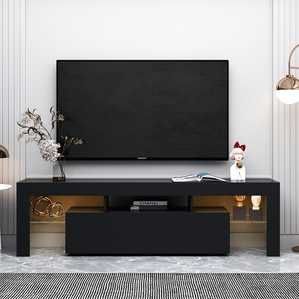 63''L Matt Laminate Finish TV Stand Cabinet with 2 Soft Open Front Storage Doors  20 Colors LED Remote Control (up to 70'')