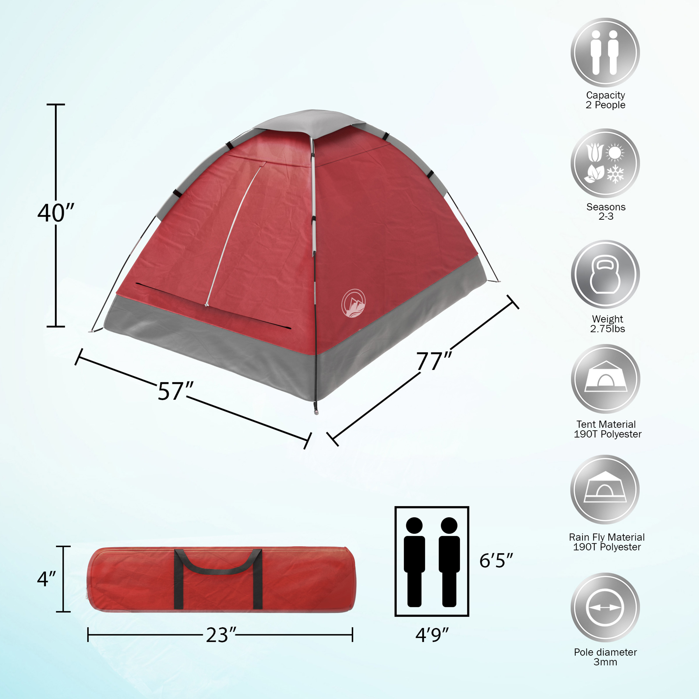 Wakeman Compact 2-Person Camping Tent with Rain Fly and Carrying Bag (Red)