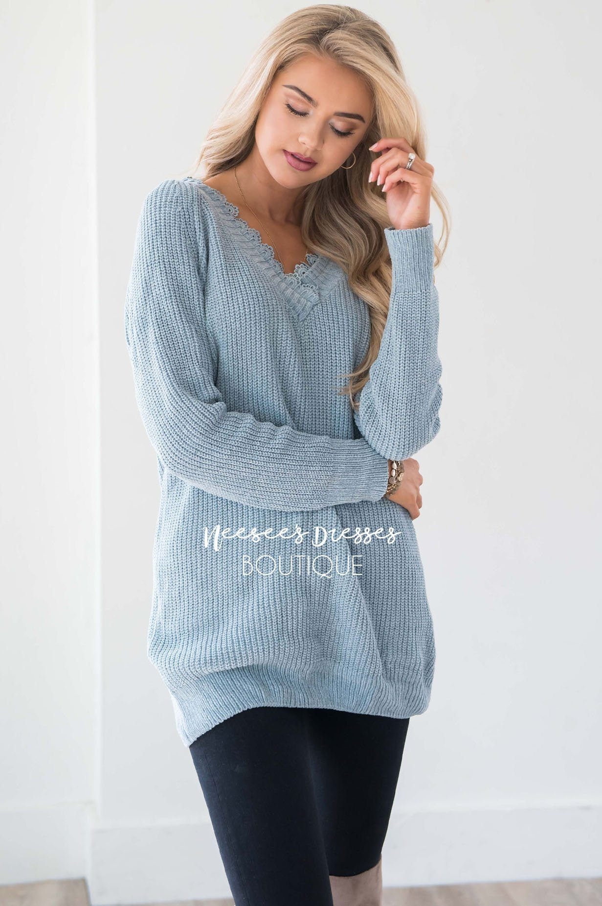 Chenille Knit V-Neck Lace Trim Sweater