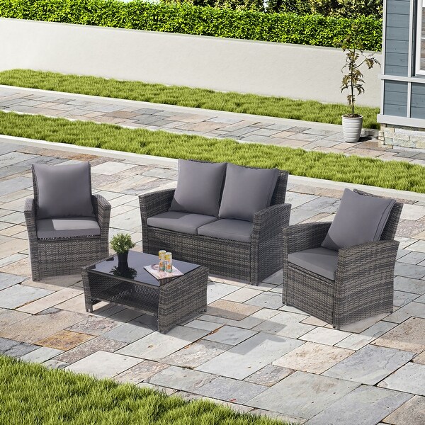 4 Pieces Outdoor Patio Furniture Sets Garden Rattan Chair Wicker Set