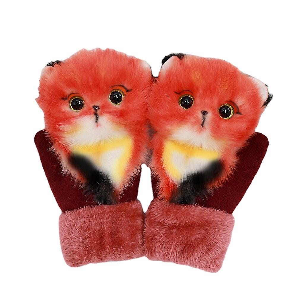 Winter Knit Gloves Cute 3d Fluffy Cartoon Animal Decor Thickened Plush Lining Windproof Thermal Warm Mittens Outfit Girls Gloves