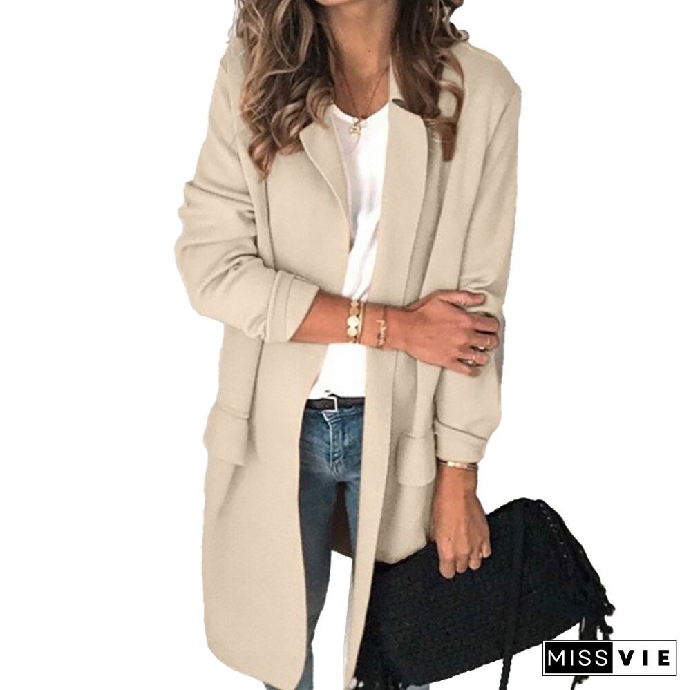 Women Eleagnt Office Lady Blazer Casual Fake Pocket Long Sleeve Long Coat Turn-down Collar Suit Vintage Fashion Winter Jacket