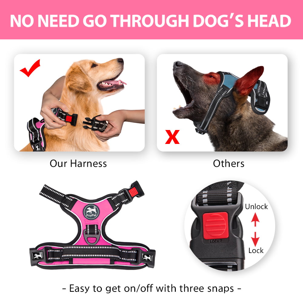 PoyPet No Pull Dog Harness，No Choke Reflective Dog Vest，Adjustable Soft Padded Pet Harness with Easy Control Handle for Small Medium Large Dogs，Pink M