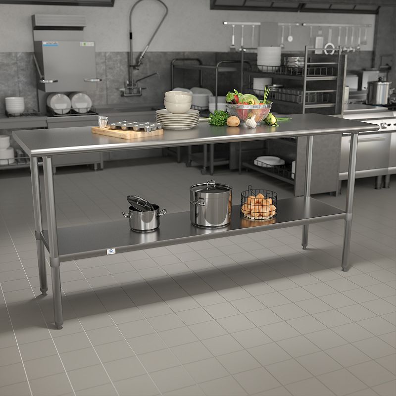 Emma and Oliver Stainless Steel 18  Gauge Kitchen Prep and Work Table with Undershelf， NSF - 60W x 24D x 34.5H