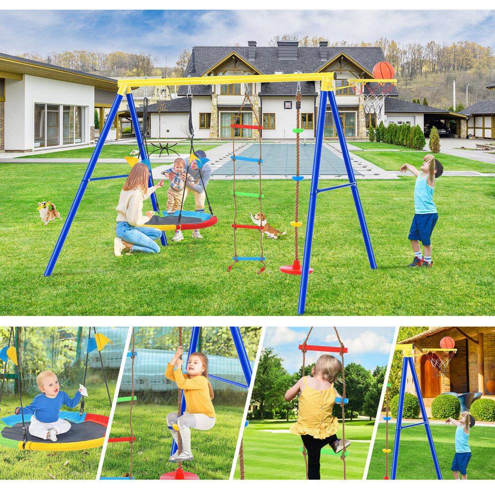 TIRAMISUBEST 4 in 1 Outdoor Swing Set with Climbing Ladder and Basketball Hoop for Kids MSXY296182AAA