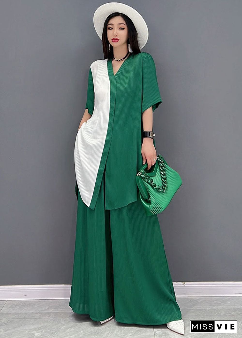 Green Patchwork Chiffon Tops And Wide Leg Pants Two Pieces Set V Neck Tie Waist Summer