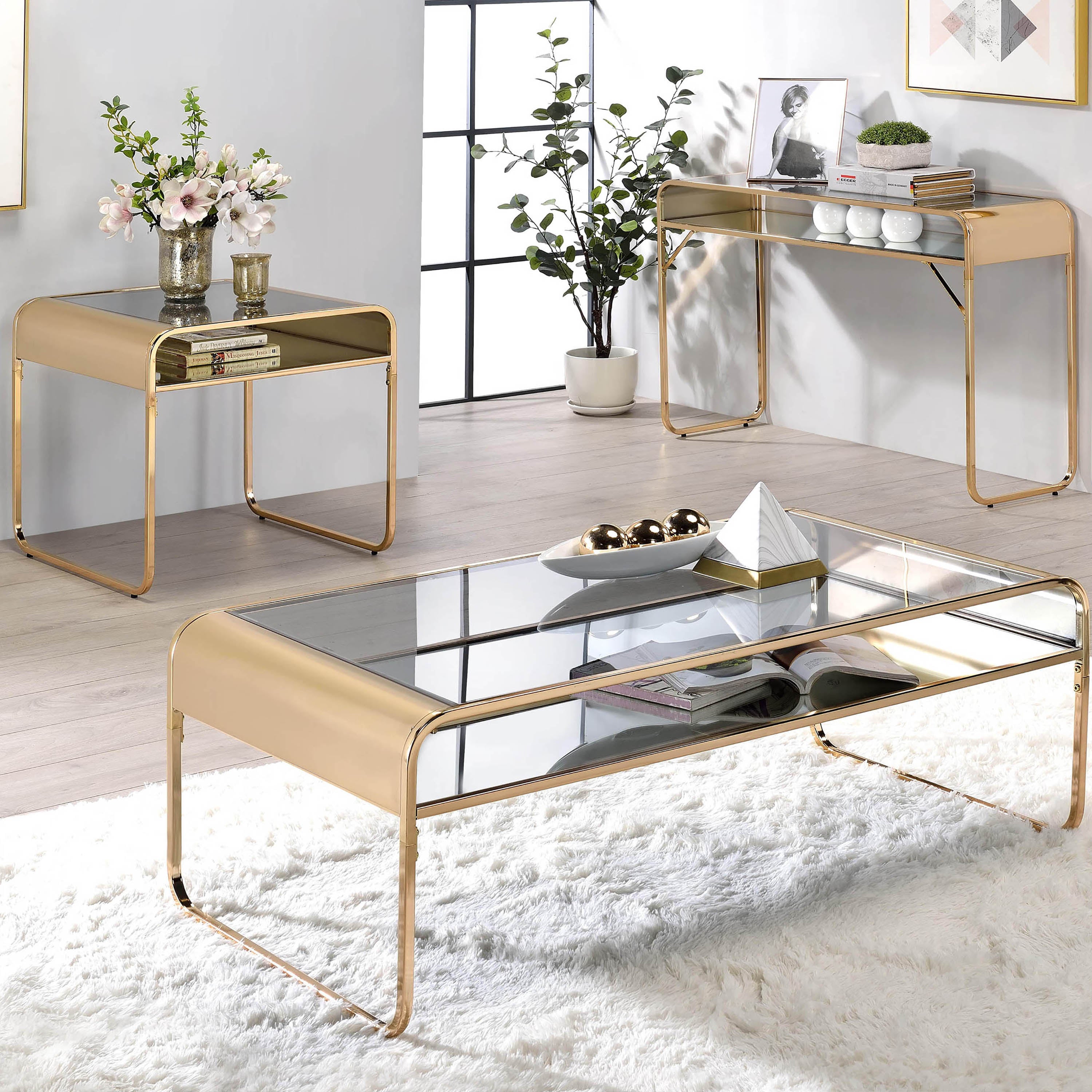 Furniture of America Twila Contemporary Glass Top Coffee and End Table Set, 2 Piece, Gold