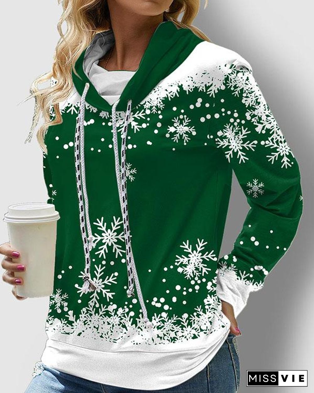 Drawstring Christmas Snowflake Print 4 Colors Sweatshirt