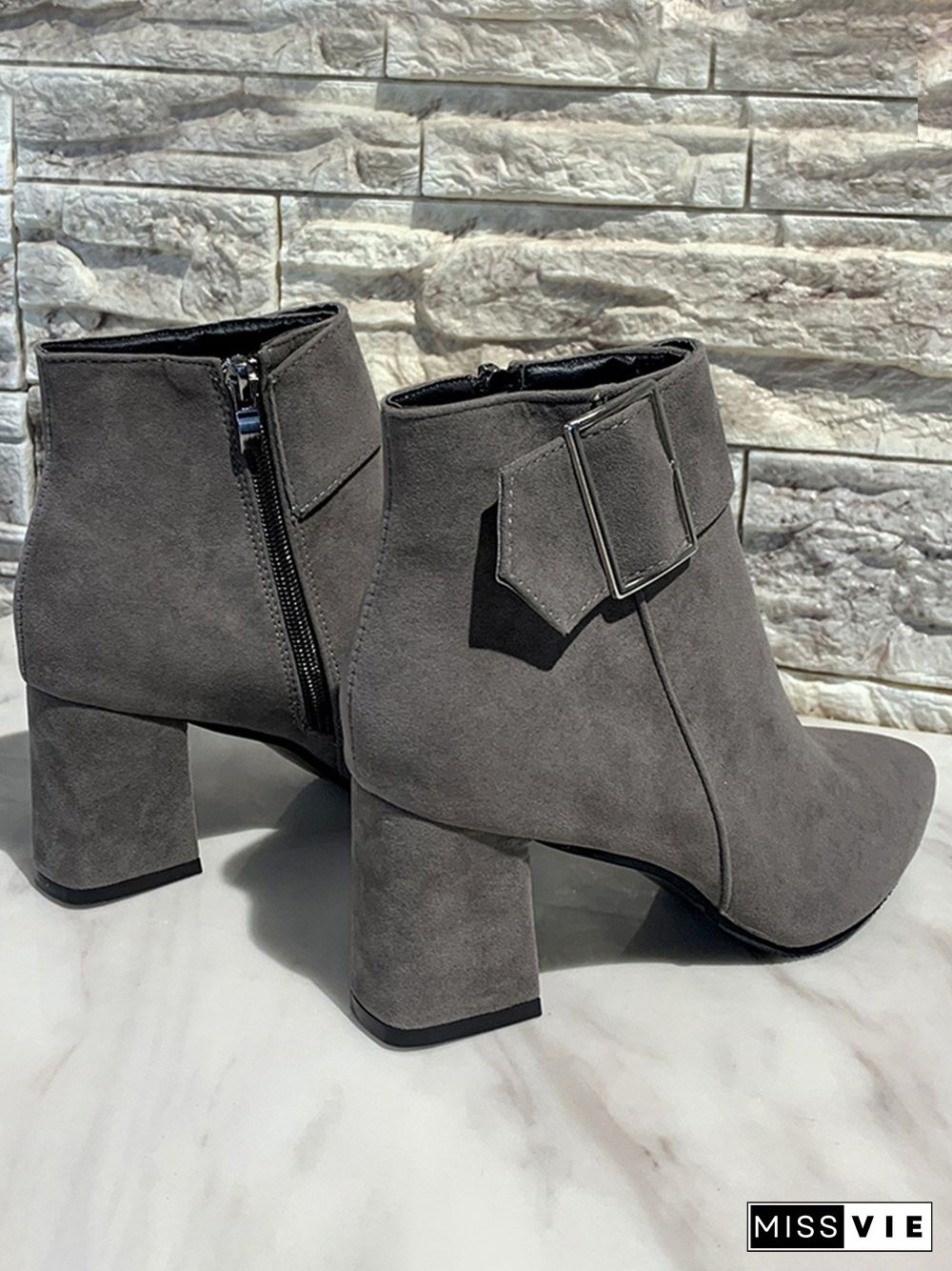 Chunky Heel Buckle Pointed-Toe Suede Martin Boots