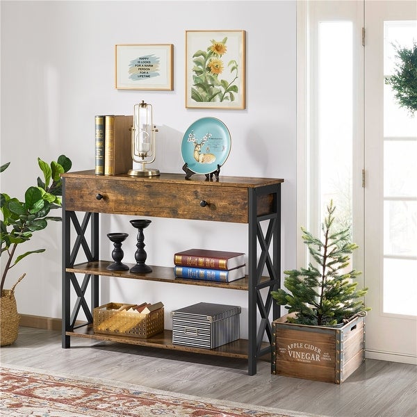 Wooden Console Table Entry Hallway Table with 1 Drawer and 2 Open Shelves， Rustic Brown