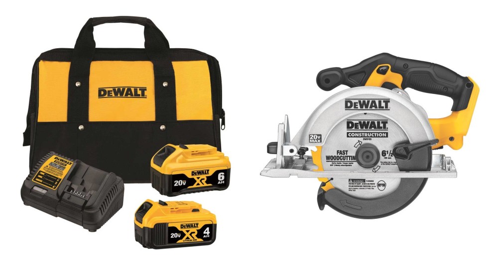 DEWALT 20V Max 6 1/2 Cordless Circular Saw with Brake Magnesium Shoe and  20V MAX Lithium Ion Starter Kit Bundle