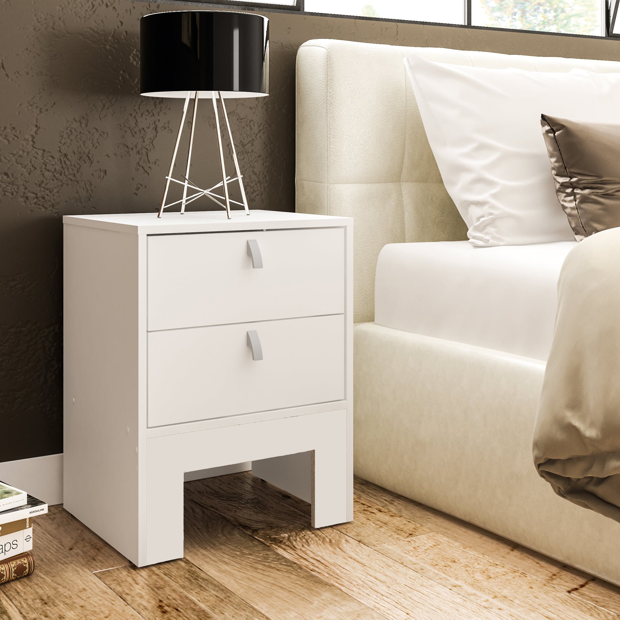 Boahaus Girona Two Drawers Nightstand, Modern White, for Bedroom