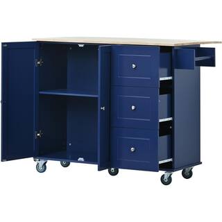 Blue Wood Rolling Mobile 52.7 in. Kitchen Island with Drop Leaf BKPP-billkin-51