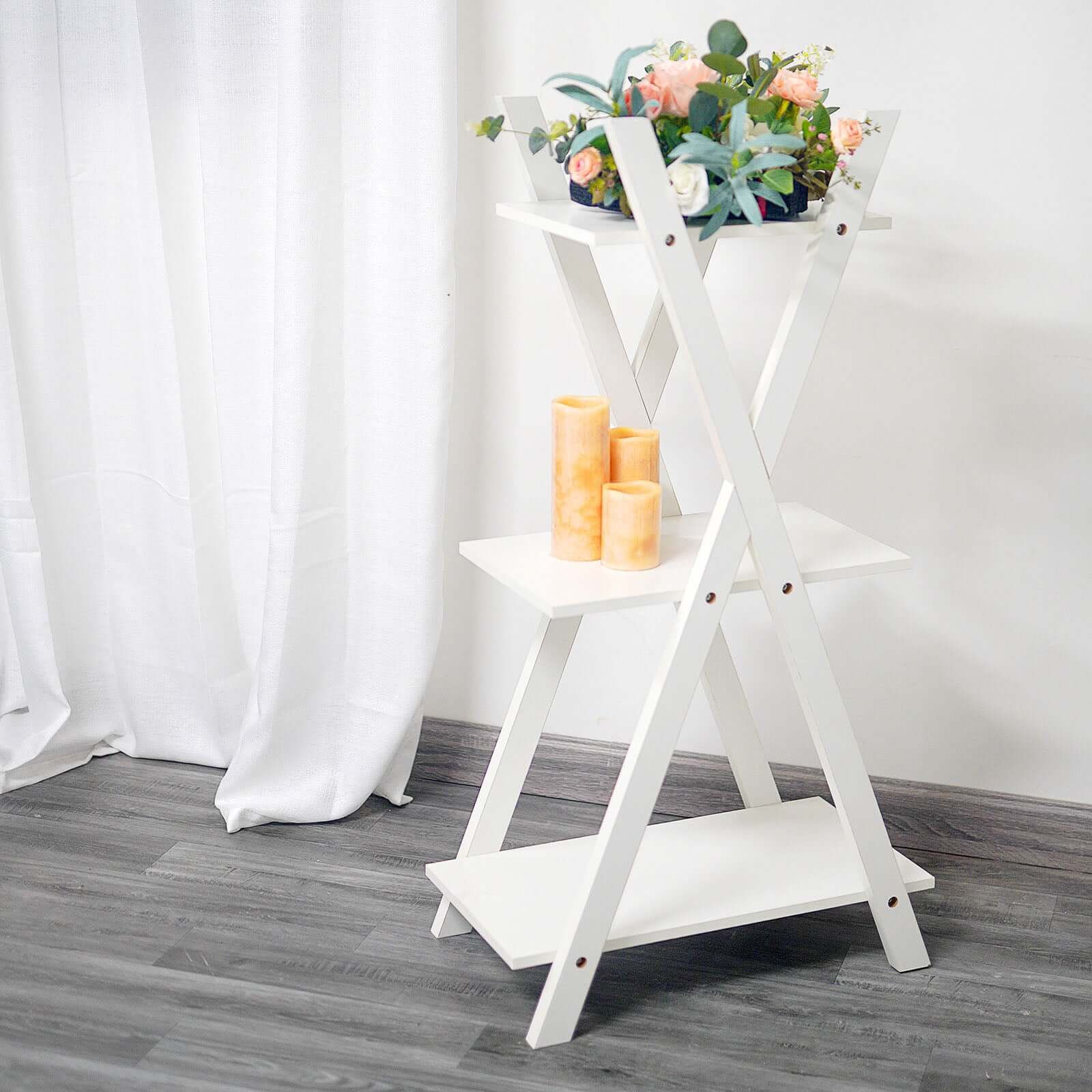 3-Tier White Wooden Plant Stand, X-Frame Display Shelf Accent Rack 44