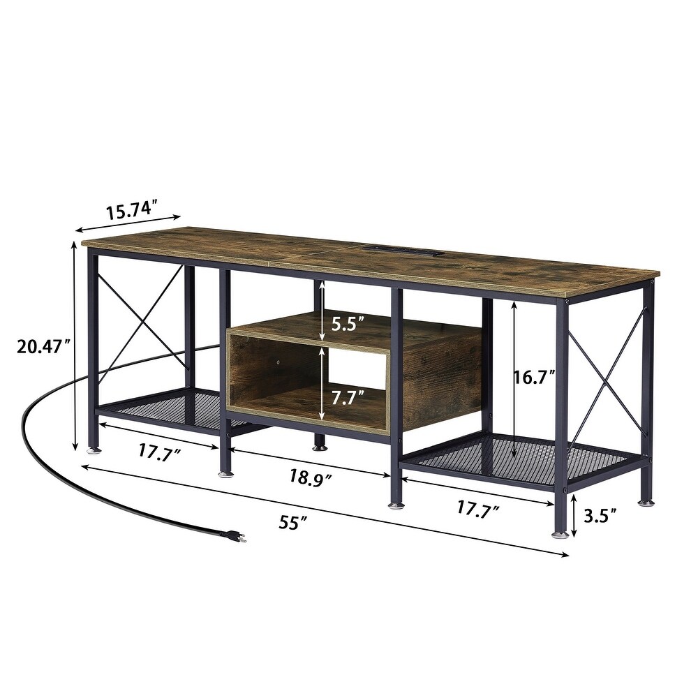 Wood TV Stand with Charging Station Storage Shelves Entertainment Center TV Cabinet