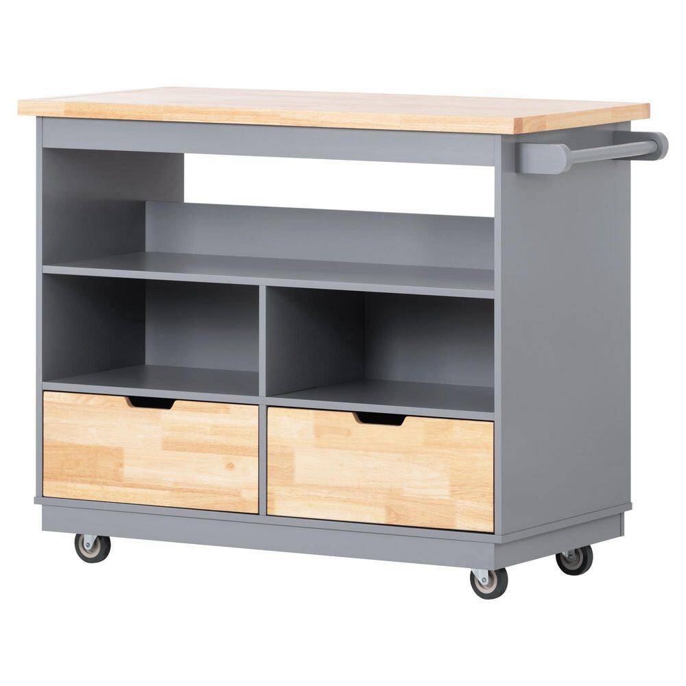 Runesay Gray Blue Rolling Mobile Kitchen Island Cart Solid Wood Top with 2-Drawer Tableware Cabinet and Spice Wine Towel Rack EC-KIGB-952