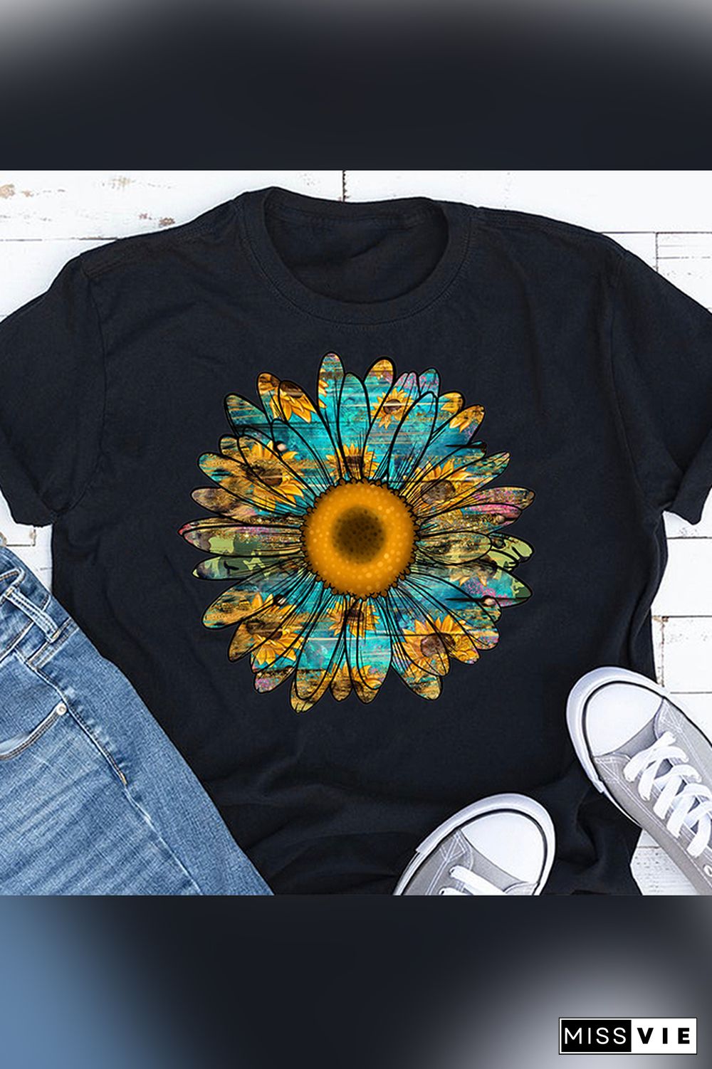 Turqoise Sunflower Print Short Sleeve Graphic Tee Wholesale