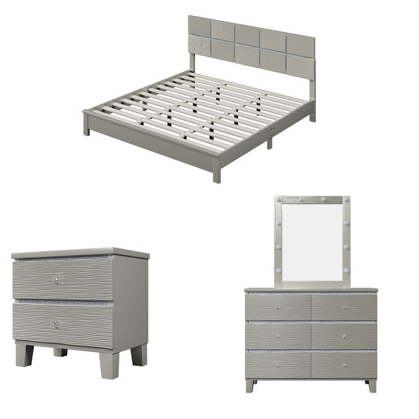 Champagne Silver 5 Pieces Bedroom Sets BedandNightstand*2 DresserandMirror - - 37516416