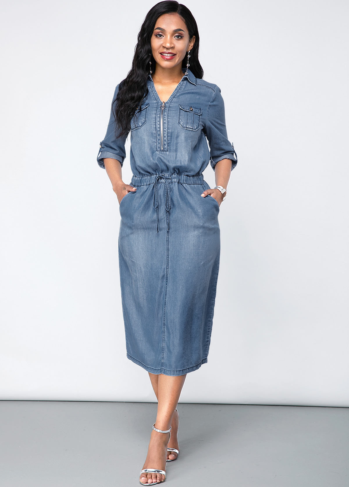 Denim Chest Pocket Turndown Collar Dress