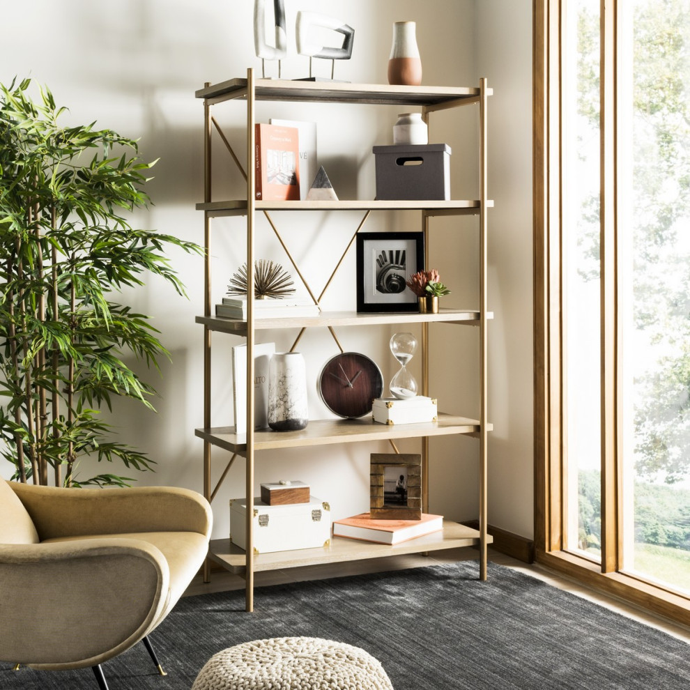 Derek 5 Tier Etagere/ Bookcase Gold Liquid/ Rustic Oak   Contemporary   Bookcases   by AED Luxury Home Decor  Houzz