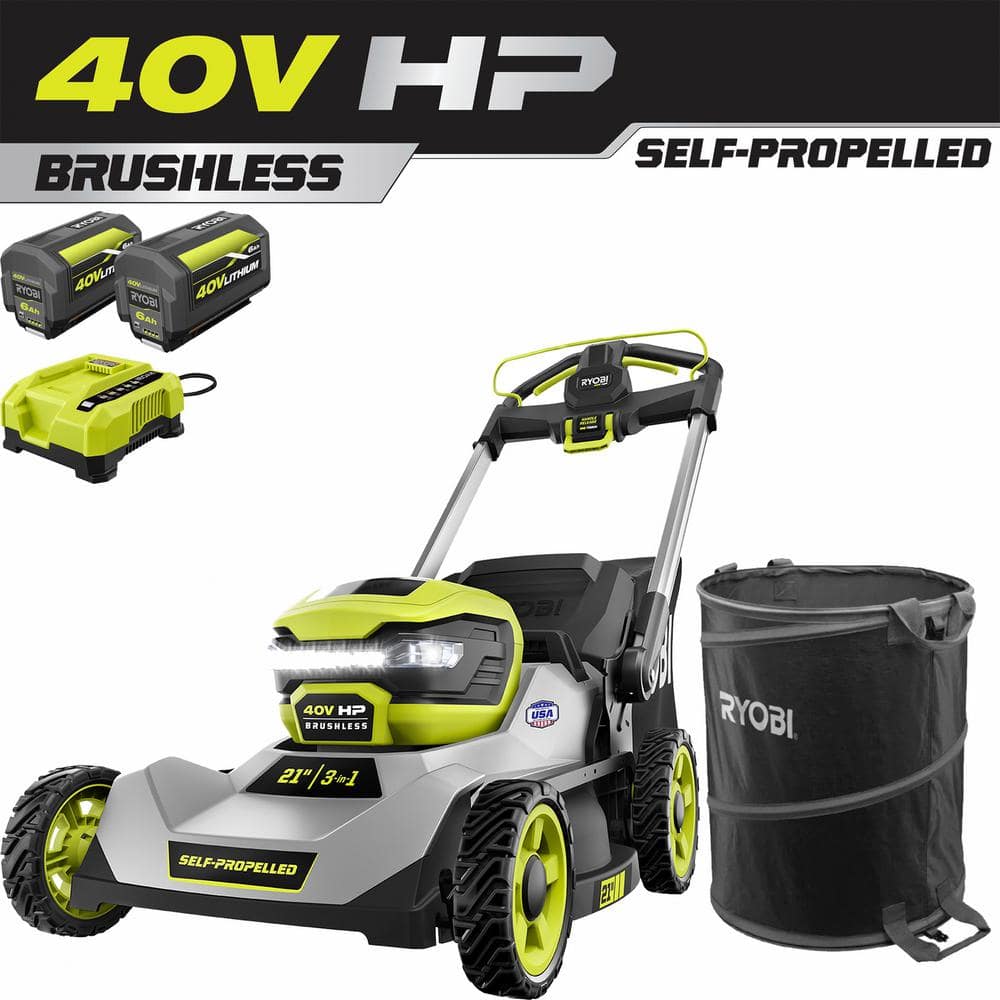 RYOBI 40V HP Brushless 21 in. Cordless Battery Walk Behind Self-Propelled Mower with (2) Batteries, Charger, Lawn & Leaf Bag RY401140US-LB