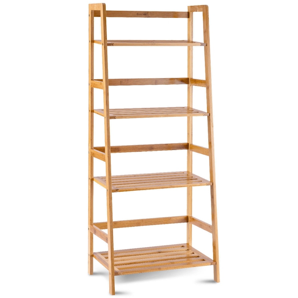 Costway Multifunctional 4 Shelf Bamboo Bookcase Ladder Plant Flower   19''x12.5''x47.5''