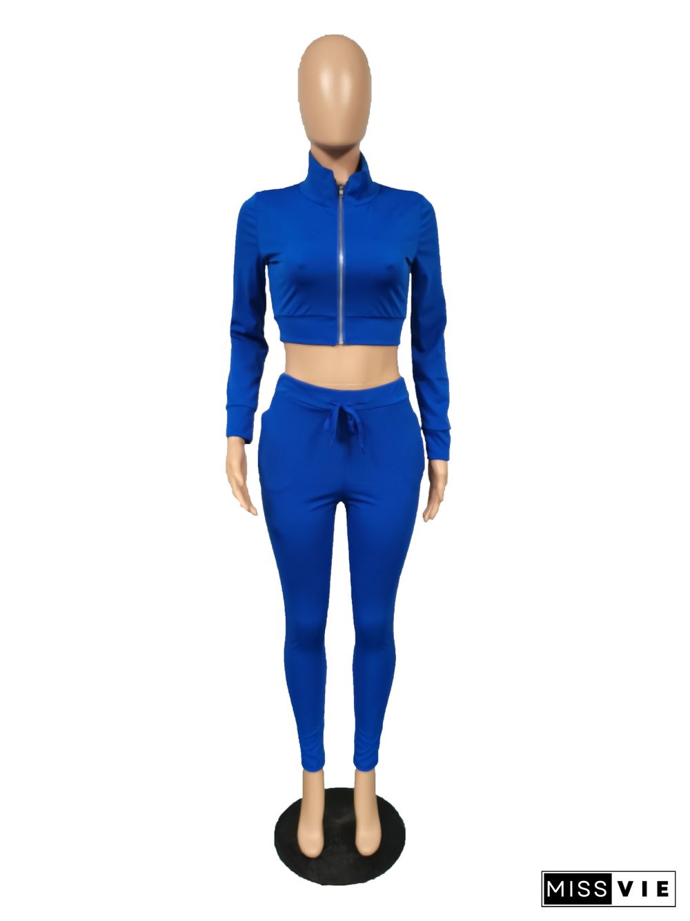 Zipper Stand Collar Long Sleeve Crop Top Pants Set