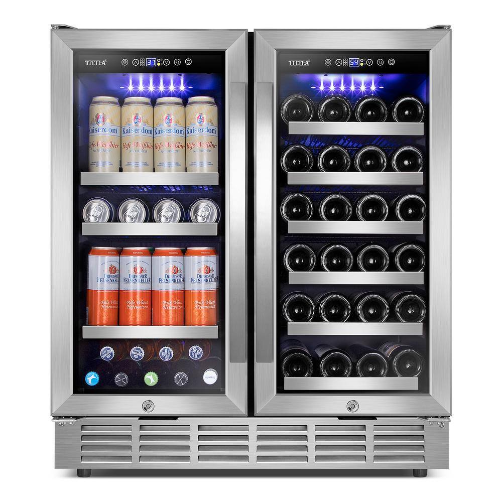 TITTLA 30.31 in. Dual Zone 33-Wine Bottles 80-Cans Beverage and Wine Cooler in Silver Shutter Shape Front Heat Vent Blue LEDs KMYC200