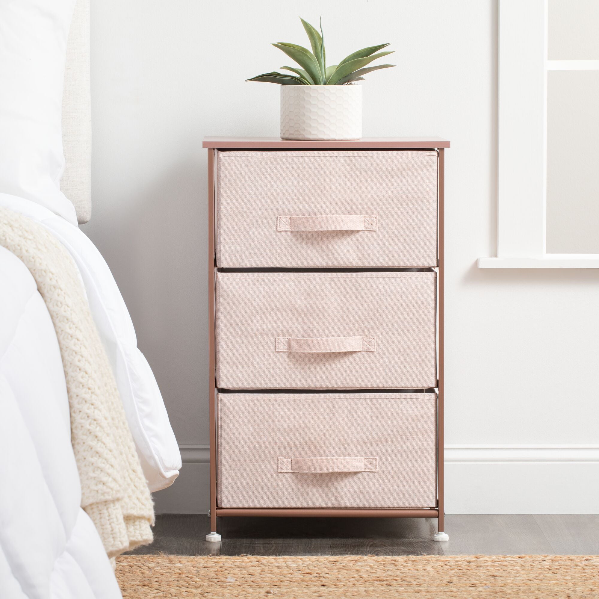 mDesign Steel Top and Frame Storage Dresser Tower Unit with 3 Removable Fabric Drawers for Bedroom, Living Room, or Bathroom - Holds Clothes, Accessories, Lido Collection - Light Pink/Rose Gold