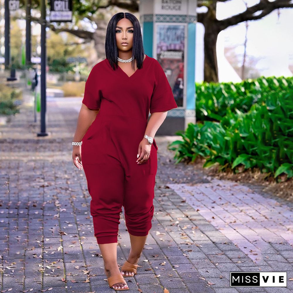 Plus Size Short Sleeve V Neck Loose-fitting Street Jumpsuit