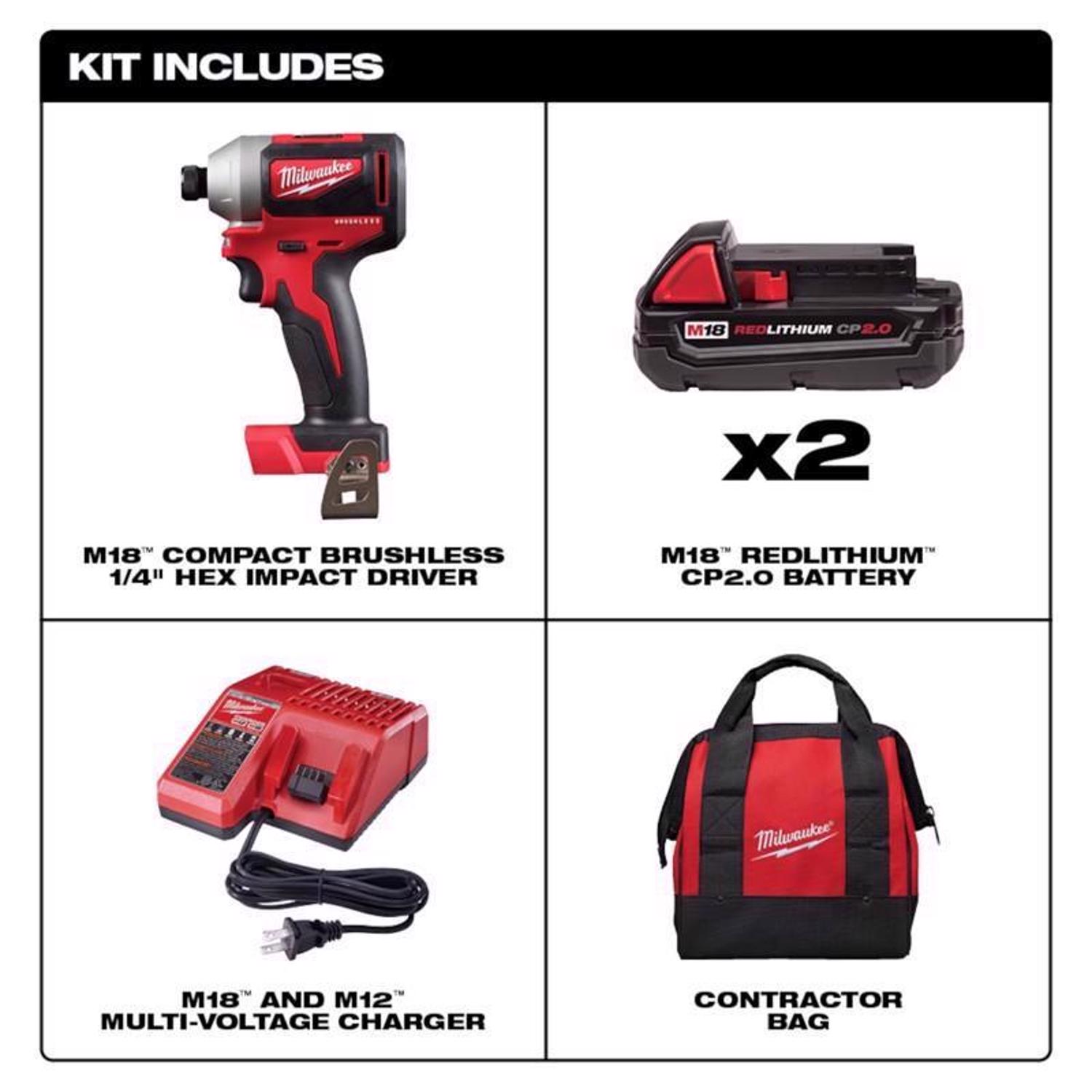 MW M18 18 V 1/4 in. Cordless Brushless Compact Impact Driver Kit (Battery \u0026 Charger)