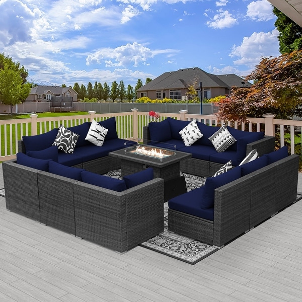 Nicesoul Outdoor Grey Wicker Sectional Furniture Patio Sofa Set with Firepit Table