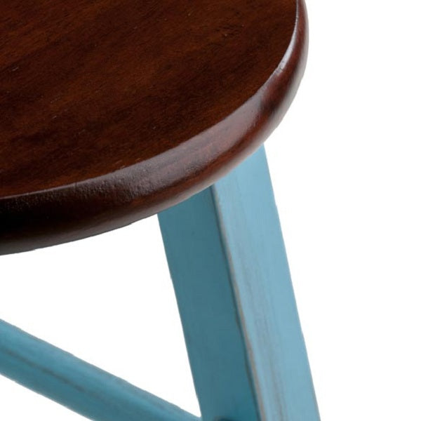 29” Rustic Light Blue Round Counter Barstool with Walnut Seat