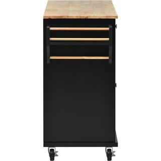 Black Kitchen Island on 5-Wheels with Storage and 5-draws Rubber Wood Desktop VJ1208KIsland12