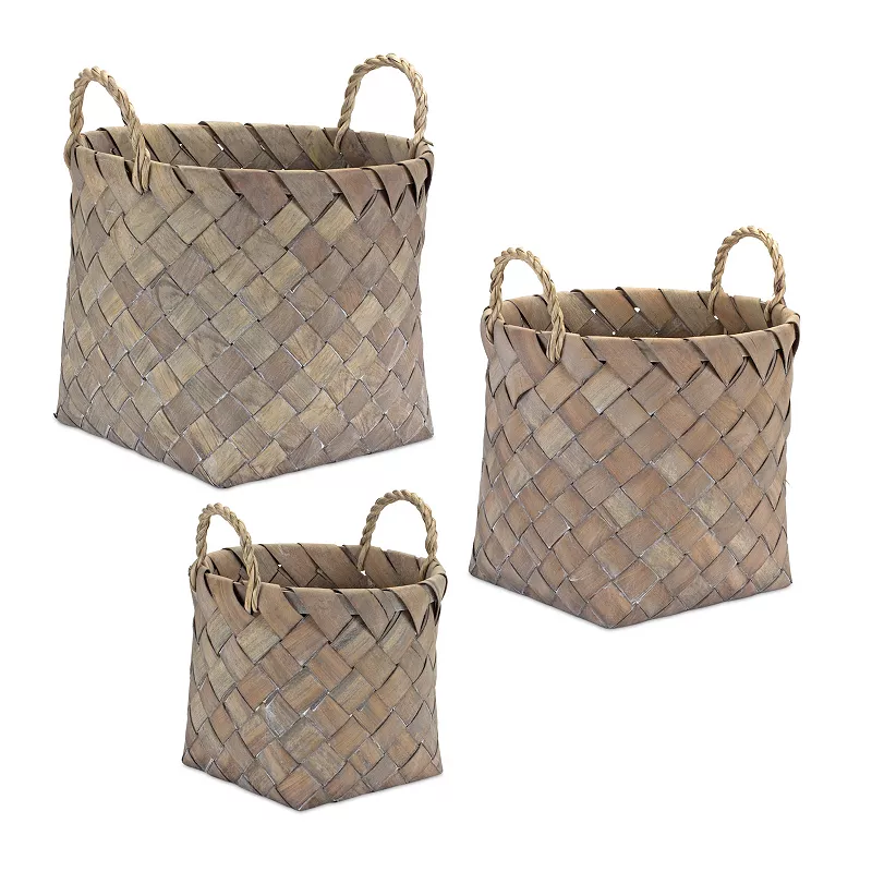 Natural Woven Wicker Basket With Handles (Set Of 3)