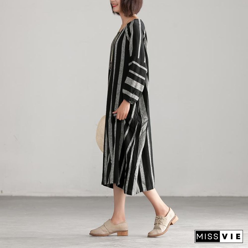 Unique linen cotton quilting dresses stylish Black And Gary Stripe Casual Loose Dress