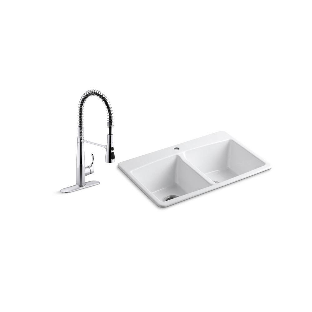 KOHLER Brookfield All-in-One Drop-In Cast Iron 33 in. Double Bowl Kitchen Sink with Simplice Semi Pro Faucet in Polished Chrome K-22033-CP-5846-1-0