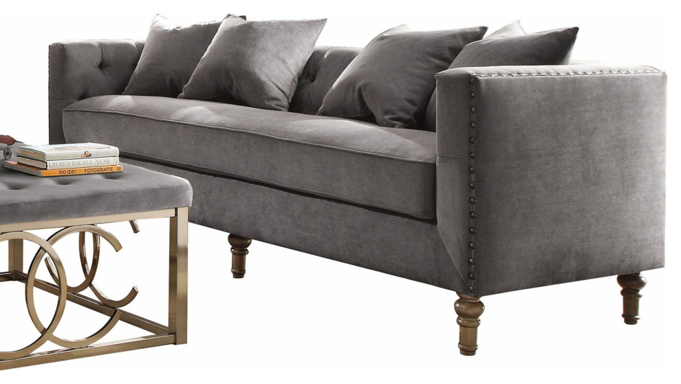 34 quotX 84 quotX 31 quotGray Velvet Upholstery Sofa w4 Pillows   Traditional   Sofas   by HomeRoots  Houzz