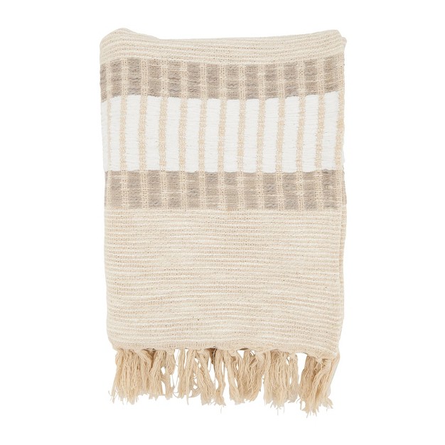 Textured Treasures Woven Striped With Fringe Throw Blanket Natural Saro Lifestyle