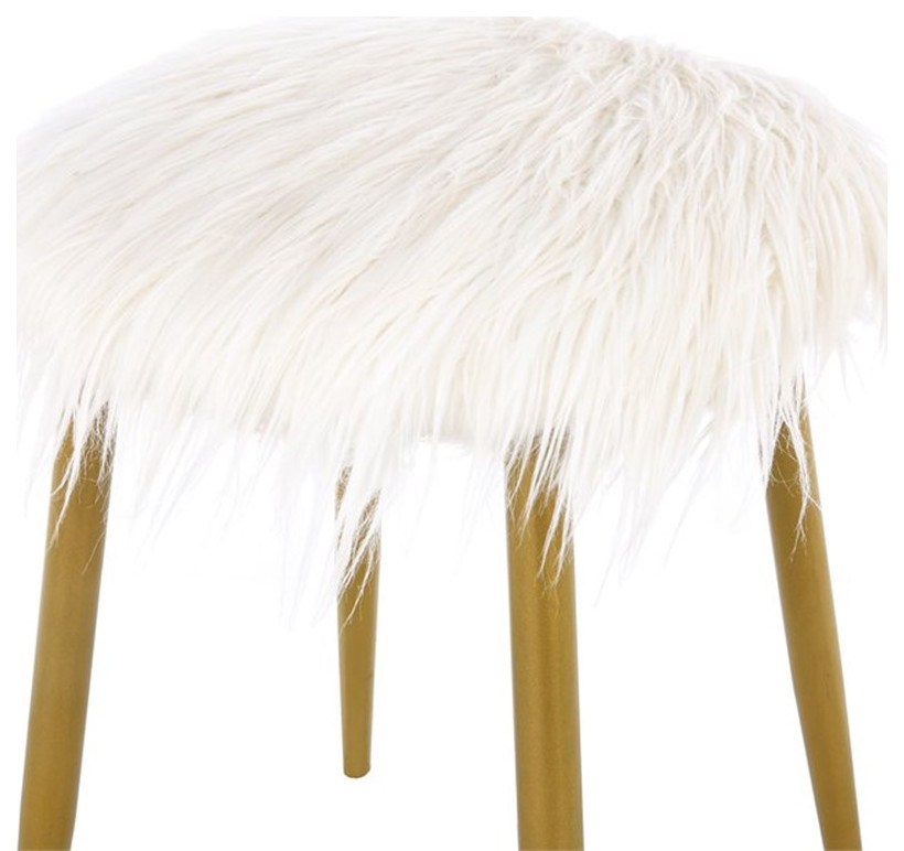 Pemberly Row Transitional Faux Fur and Metal Ottoman in White Fur and Gold   Midcentury   Footstools And Ottomans   by Homesquare  Houzz