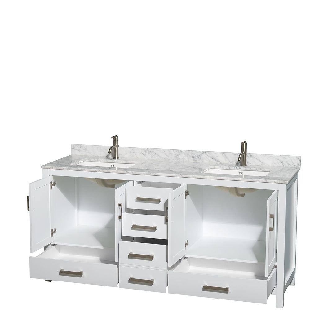 Wyndham Collection Sheffield 72 in. Double Vanity in White with Marble Vanity Top in Carrara White WCS141472DWHCMUNSMXX