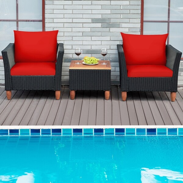 Gymax 3PCS Patio Rattan Conversation Furniture Set Yard Outdoor w/ Red