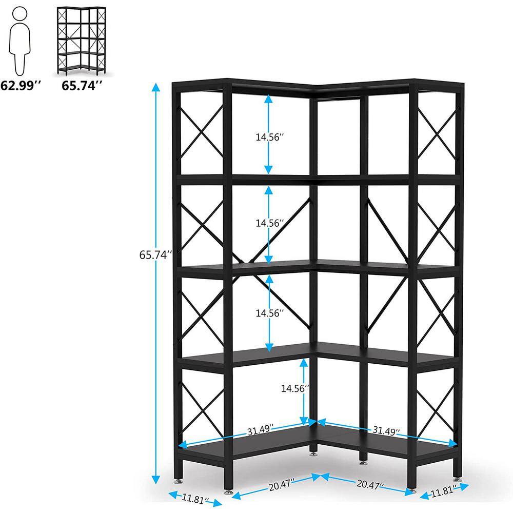 BYBLIGHT Eulas 66 in. Black Wood 5 Shelf Corner Bookshelf Large Modern Corner Bookcase 5-Tier Tall Corner Shelf Storage BB-JW0236XF