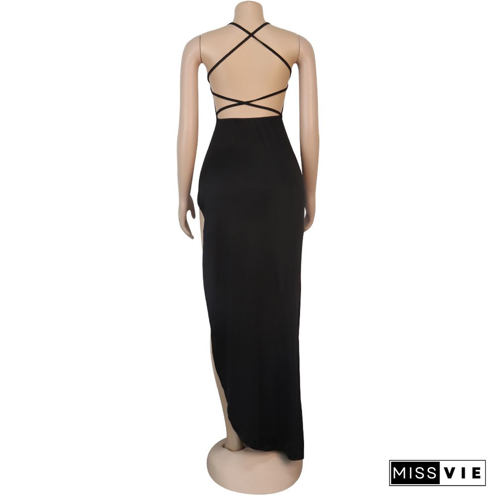 Women Sexy Solid Backless Halter Sling Bandage High Side Slit Slinky Evening Party Long Maxi Dress