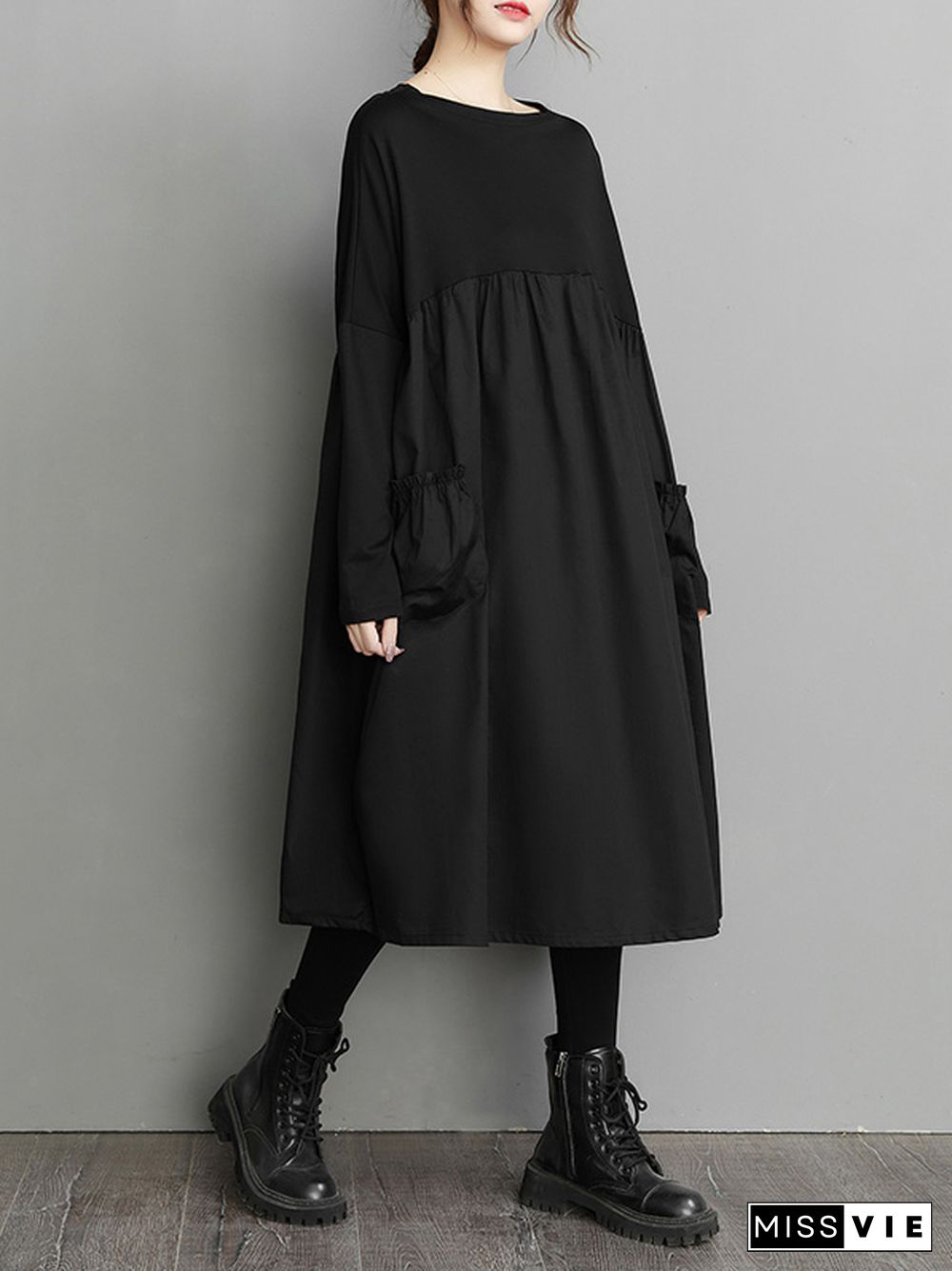 Simple Loose Black Split-Joint Long Sleeves Midi Dress