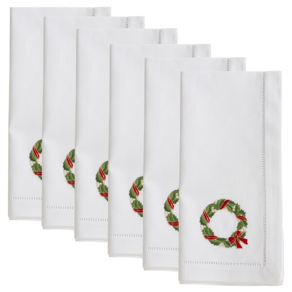 Cotton Napkins With Embroidered Ribbon Wreath Design (Set of 6)